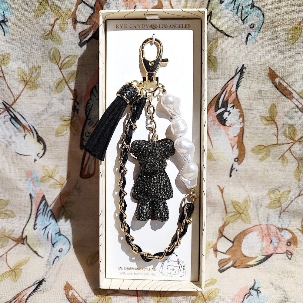Eye Candy Smoke Rhinestone 3D Teddy Bear Bag Charm Keychain Tassel NWT EYECANDY